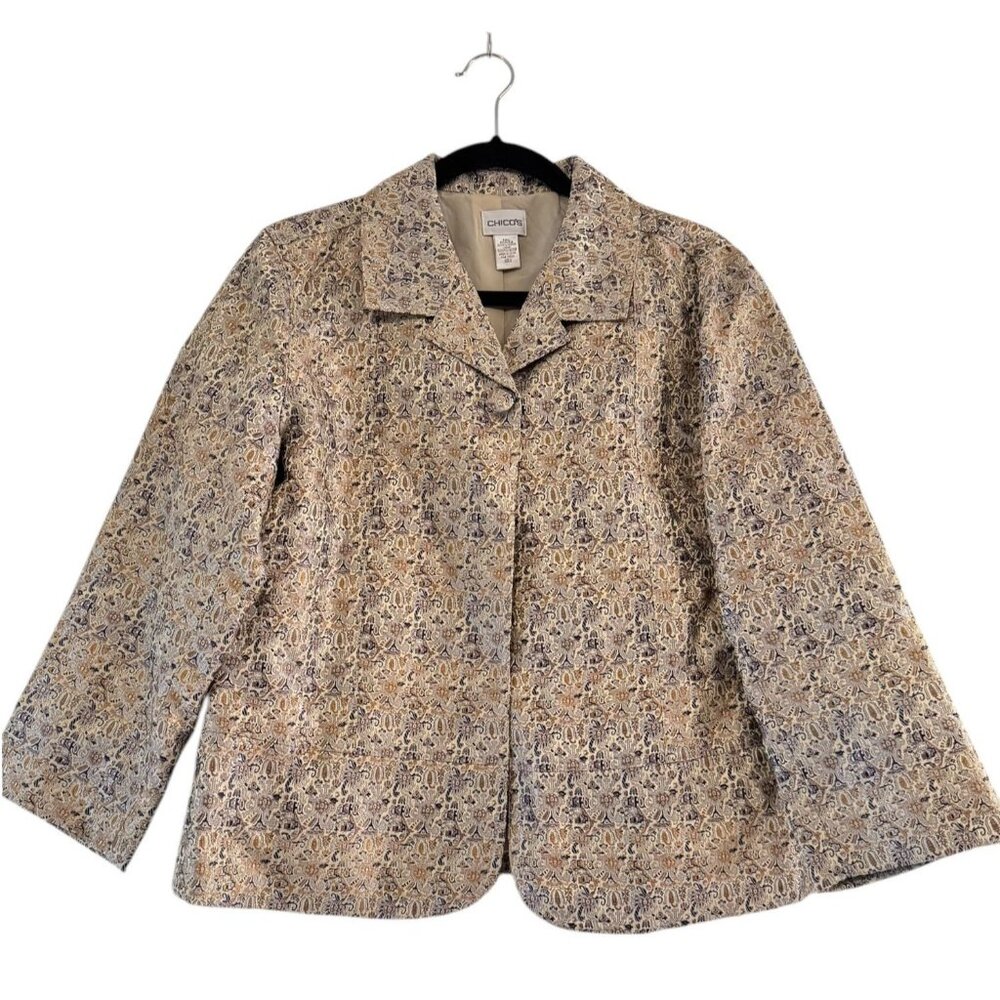 Chico’s Women’s Beige Gold Brocade Jacquard Blazer‎ Jacket Size 2 Lined